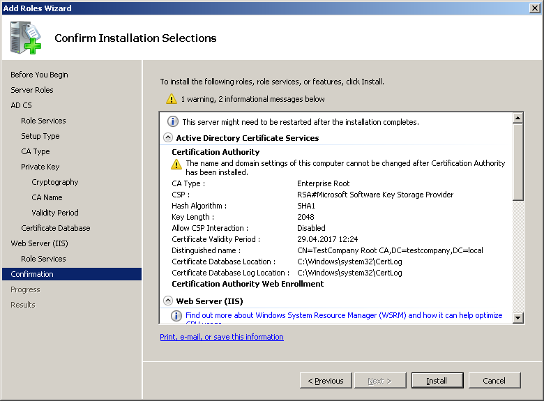 Active Directory Certificate Services (AD CS) – Confirm Installation Selections