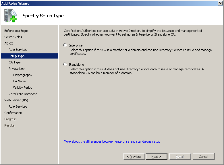 Active Directory Certificate Services (AD CS) – Specify Setup Type