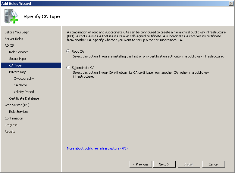 Active Directory Certificate Services (AD CS) – Specify CA Type